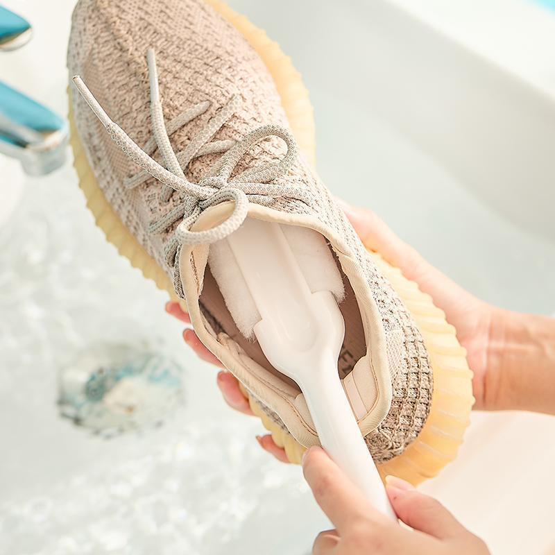 2-PCS White Multifunctional Double Headed Shoe Cleaning Brush with Long Handle Soft Silicone Bristles for Sneaker Upper and Hard Wire Brush for Sole 1 Piece