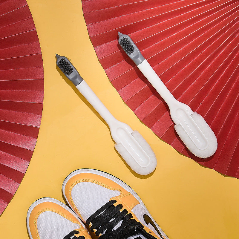 2-PCS White Multifunctional Double Headed Shoe Cleaning Brush with Long Handle Soft Silicone Bristles for Sneaker Upper and Hard Wire Brush for Sole 1 Piece