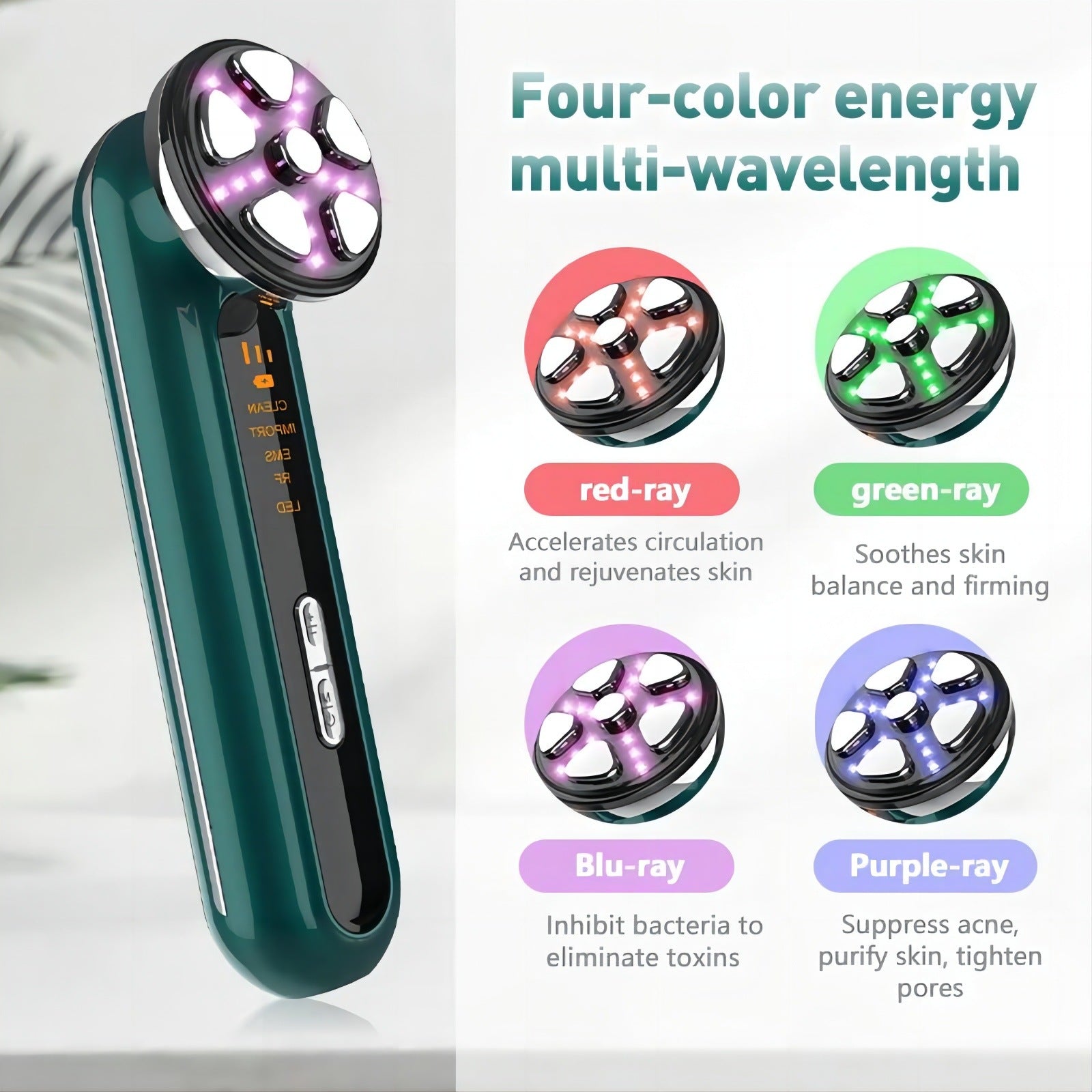 Green 4-in-1 RF EMS Facial Beauty Device Skin Tightening and Lifting Massager with LED Light Therapy Anti-Aging Tool for Home Use
