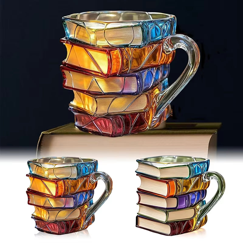 3D Book Stack Resin Mug with Spoon Creative Library Bookshelf Design Coffee Cup Unique Gift for Book Lovers and Writers(style I)