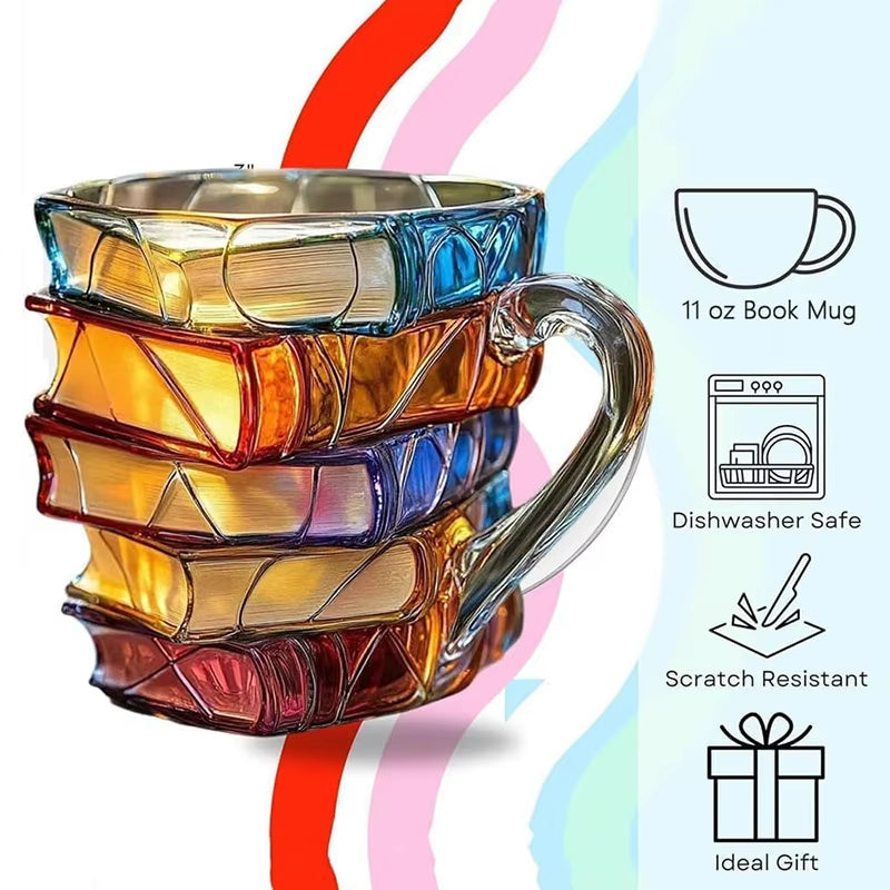 3D Book Stack Resin Mug with Spoon Creative Library Bookshelf Design Coffee Cup Unique Gift for Book Lovers and Writers(style J)