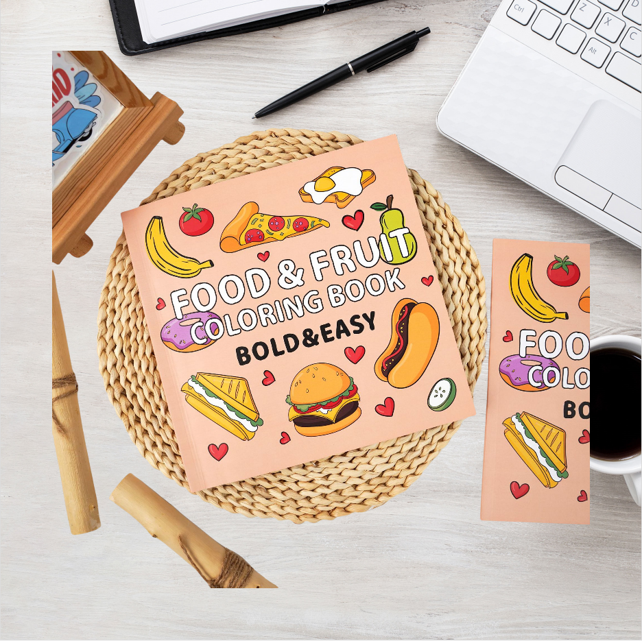 Food & Fruit Coloring Book 40 Pages Bold Lines Easy for Kids Ages 4+ Cartoon Design for Creative Play