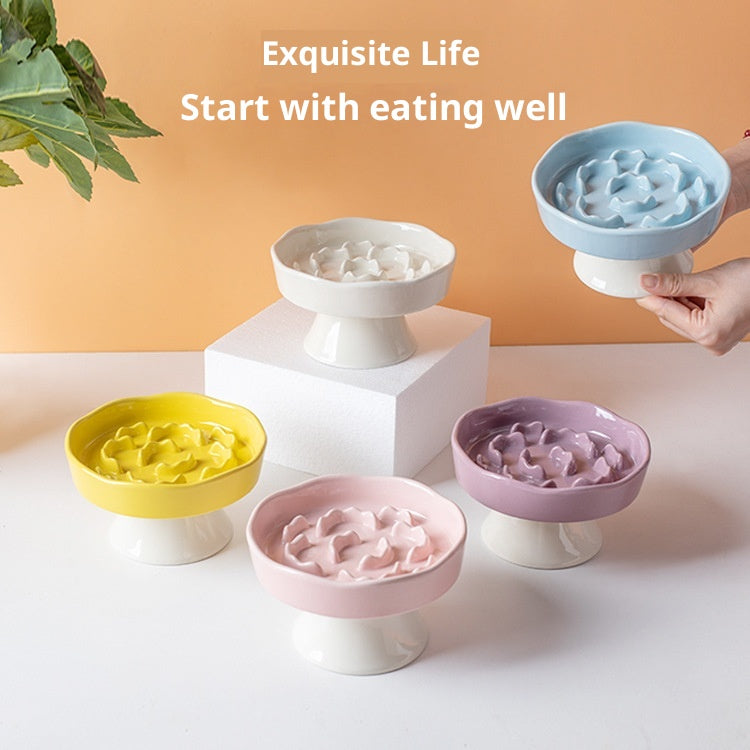 White Ceramic Elevated Slow Feeder Bowl Raised Pet Dish 310ml Anti-Vomit Puzzle Design for Cats and Small Dogs Healthy Digestion Sturdy Base