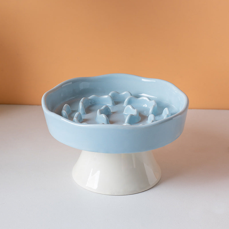 Blue Ceramic Elevated Slow Feeder Bowl Raised Pet Dish 310ml Anti-Vomit Puzzle Design for Cats and Small Dogs Healthy Digestion Sturdy Base