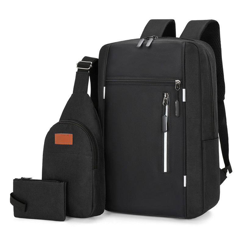 Black 3 Piece Mens Backpack Set with Sling Bag and Pouch USB Charging Port Large Capacity Laptop Daypack Water Resistant Business Travel School Bag
