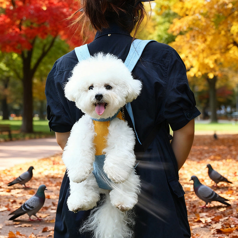 Yellow denim blue Pet Carrier Backpack Front Chest Pack Legs Out Breathable Mesh for Small Dogs Cats Hiking Travel Hands Free Adjustable Design(Size:S)