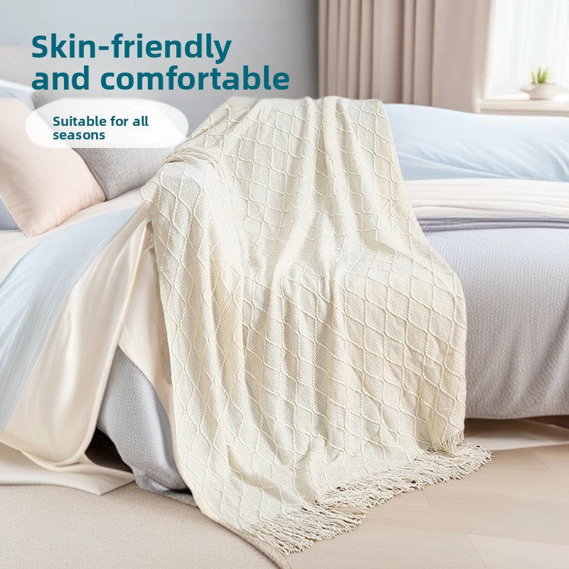 Beige Nordic Knitted Throw Blanket with Tassels 130x230cm Soft Acrylic Diamond Pattern Sofa Cover Bed Runner and Travel Blanket