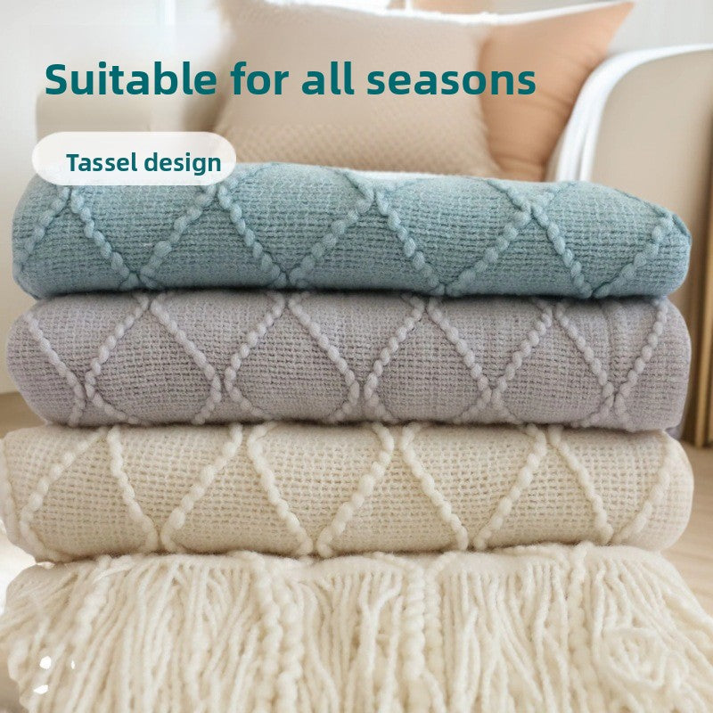 Khaki Nordic Knitted Throw Blanket with Tassels 130x230cm Soft Acrylic Diamond Pattern Sofa Cover Bed Runner and Travel Blanket