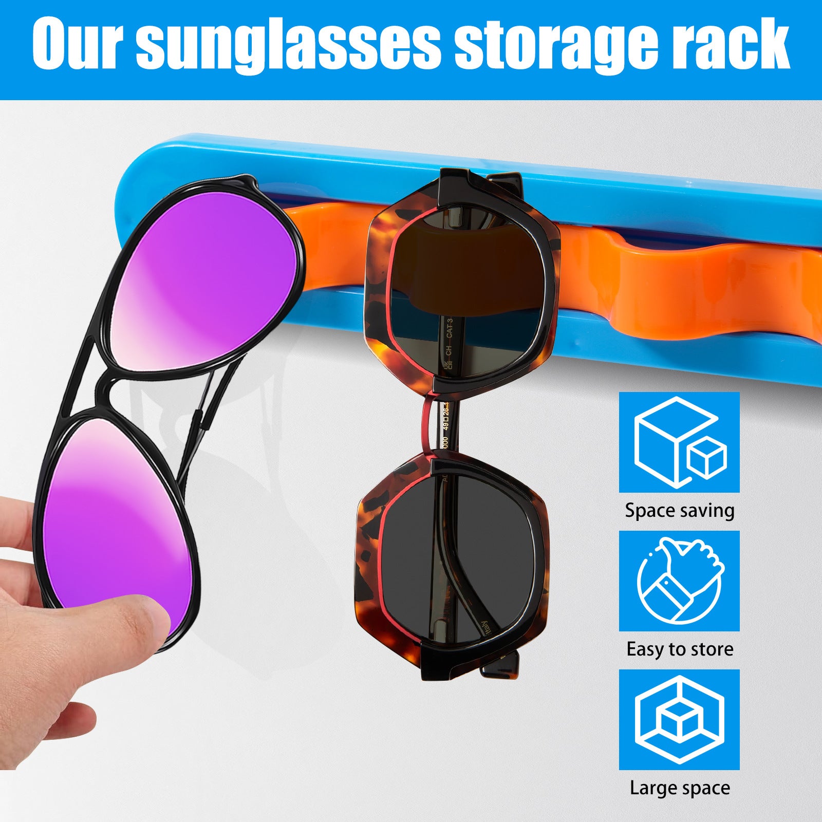 2 Pack Blue Acrylic Sunglasses Holder Wall Mounted Glasses Organizer Rack Self-Adhesive Eyewear Display Stand for Home Office and Entryway