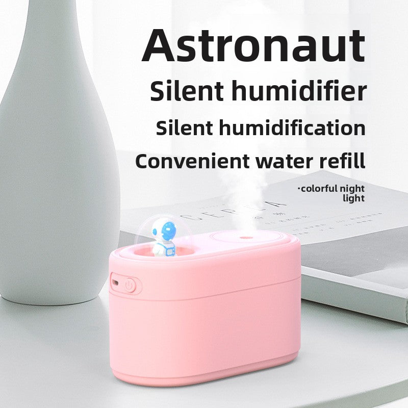 White Rechargeable Mini Astronaut Air Humidifier USB Desktop Cool Mist Humidifier with 7-Color LED Night Light for Bedroom and Office