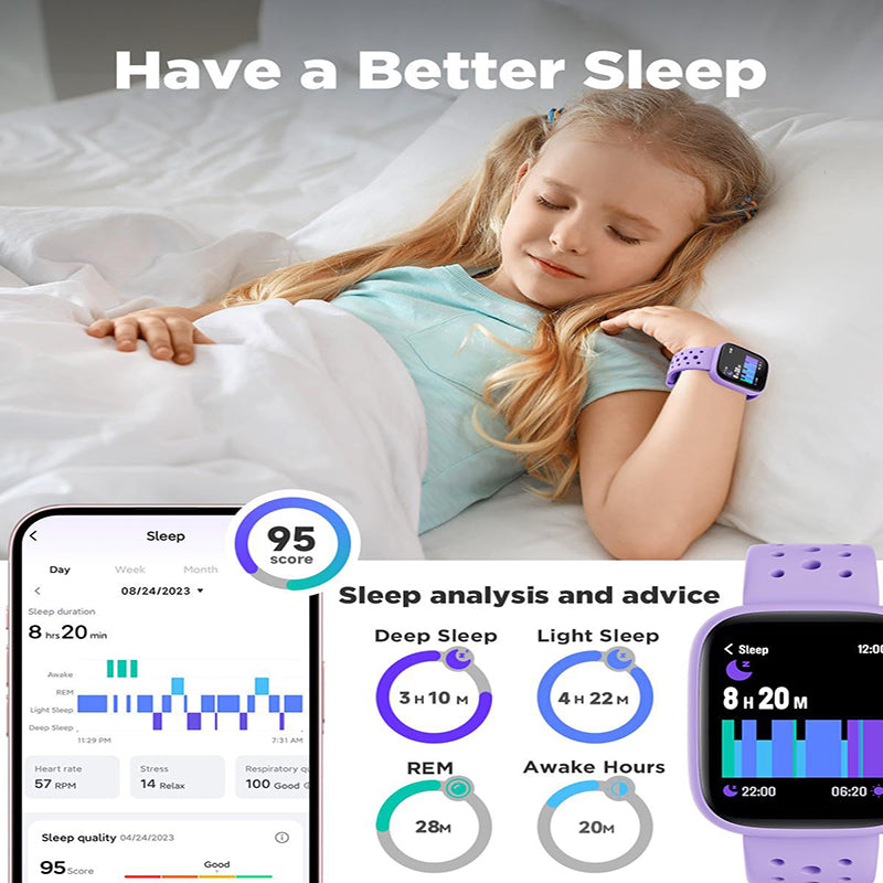 Purple Kids Smart Watch Fitness Tracker with Pedometer Heart Rate Monitor and 14 Sport Modes IP68 Waterproof Watch for Boys and Girls