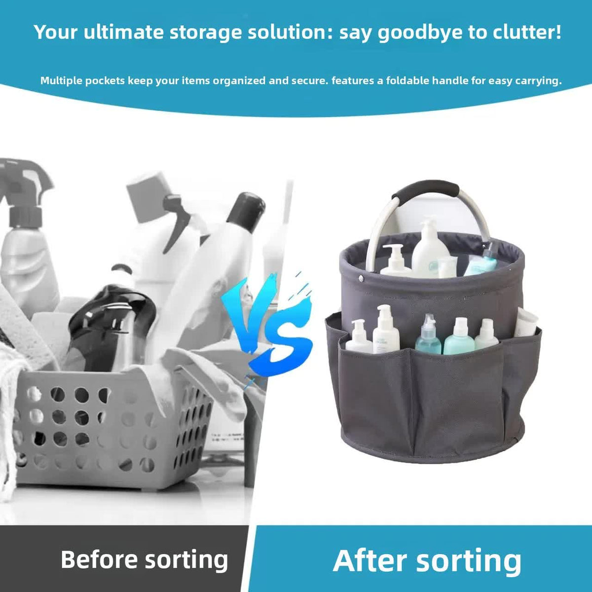 Sky Blue Multi-Function Collapsible Storage Basket with Drawstring Closure Portable Cleaning Caddy and Picnic Organiser Bag with Multiple Pockets