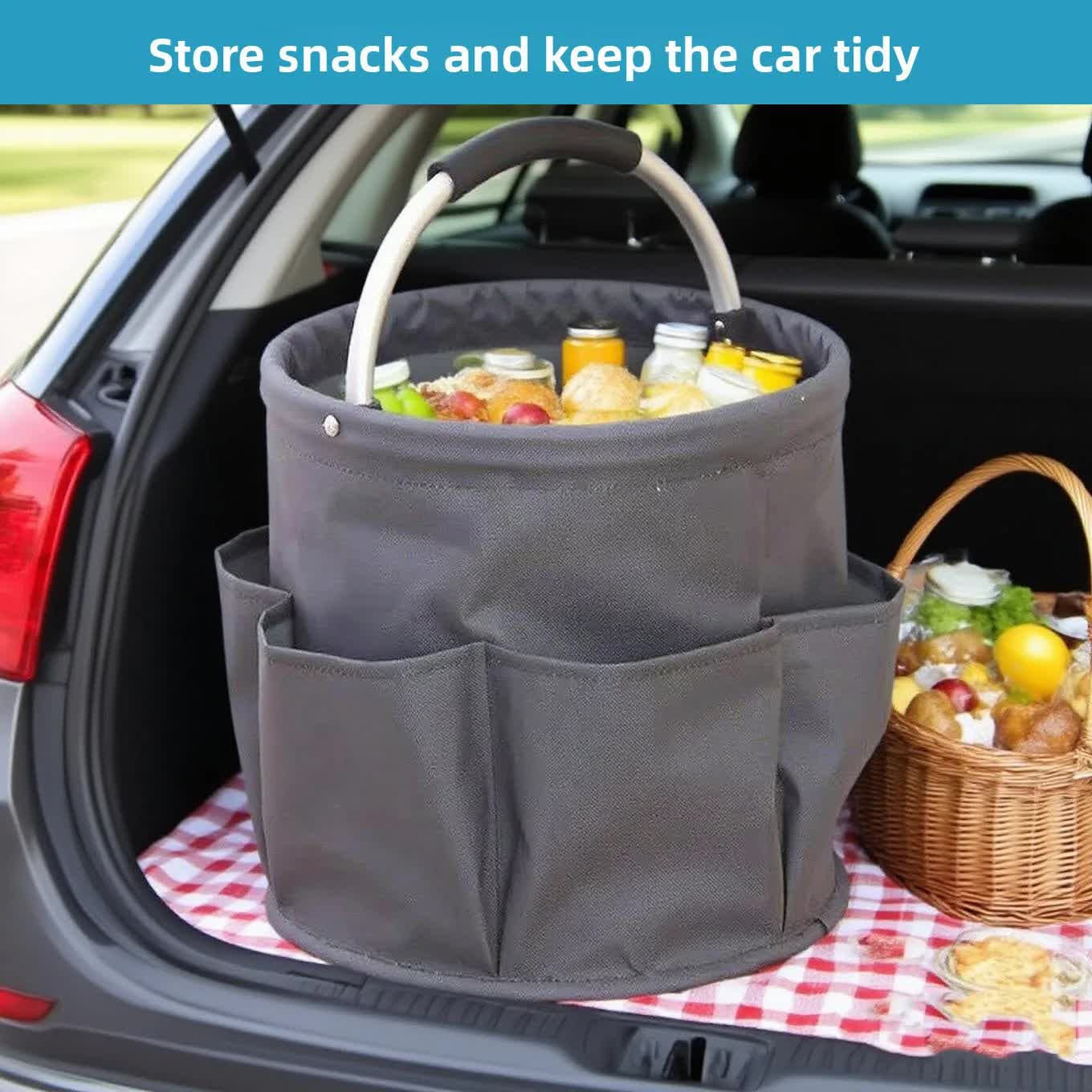 Sky Blue Multi-Function Collapsible Storage Basket with Drawstring Closure Portable Cleaning Caddy and Picnic Organiser Bag with Multiple Pockets