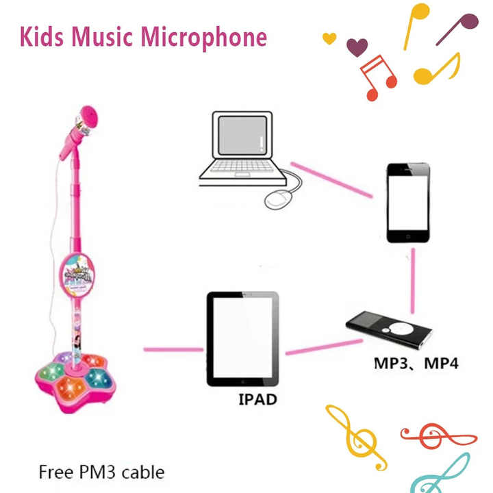 Black Kids Star Karaoke Microphone Stand Adjustable Height Music Toy with Flashing Lights and MP3 Connectivity for Boys and Girls