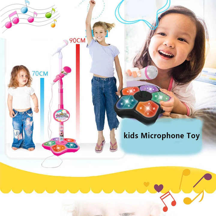 Pink Kids Star Karaoke Microphone Stand Adjustable Height Music Toy with Flashing Lights and MP3 Connectivity for Boys and Girls