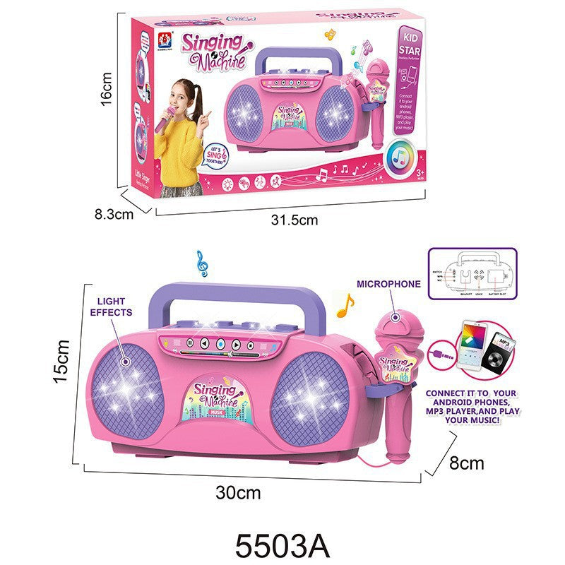 Pink Kids Portable Singing Machine Karaoke Boombox Toy with Microphone Flashing Lights and MP3 Music Player for Boys and Girls