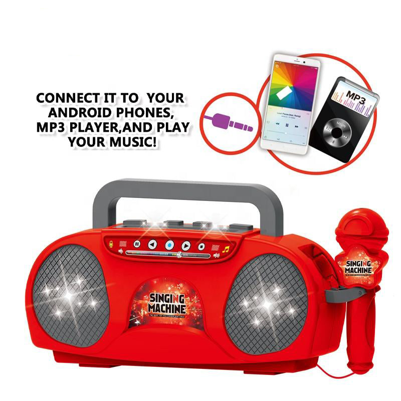 Red Kids Portable Singing Machine Karaoke Boombox Toy with Microphone Flashing Lights and MP3 Music Player for Boys and Girls