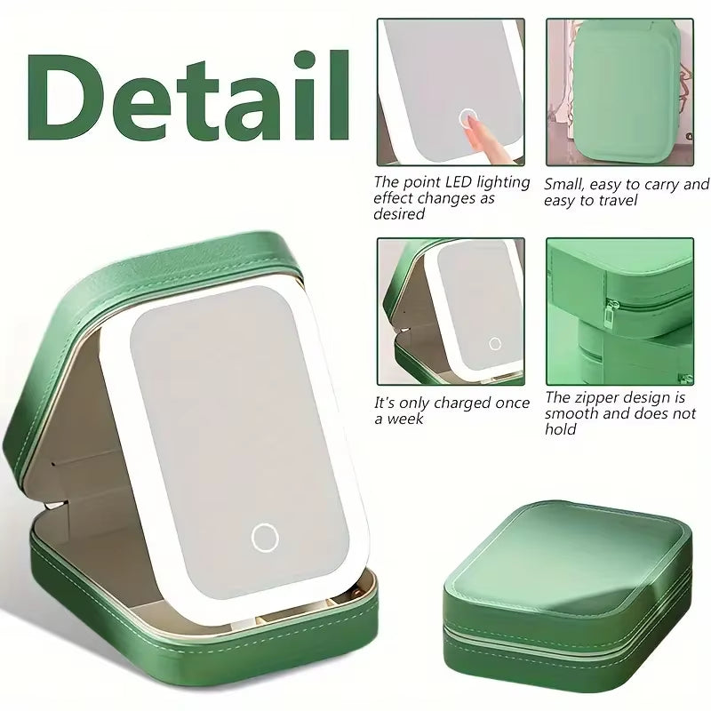 White Portable LED Makeup Mirror with Jewellery Storage Box Touch Screen Adjustable Light Travel Cosmetic Organizer Case