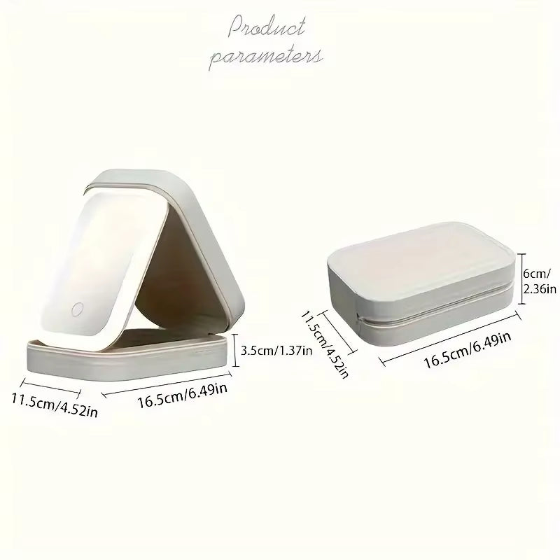 White Portable LED Makeup Mirror with Jewellery Storage Box Touch Screen Adjustable Light Travel Cosmetic Organizer Case