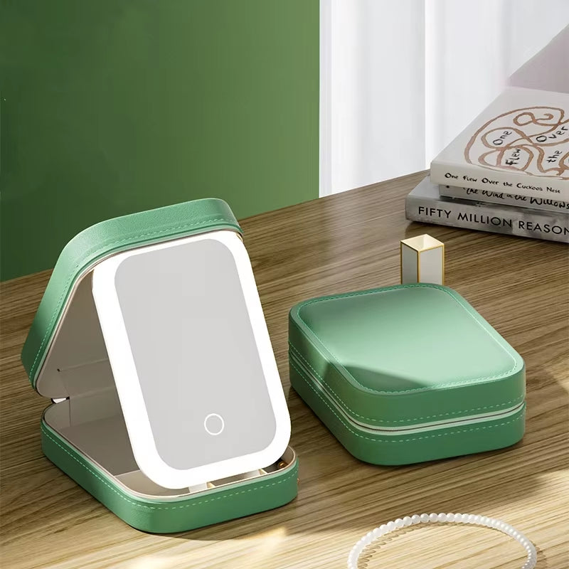 Green Portable LED Makeup Mirror with Jewellery Storage Box Touch Screen Adjustable Light Travel Cosmetic Organizer Case
