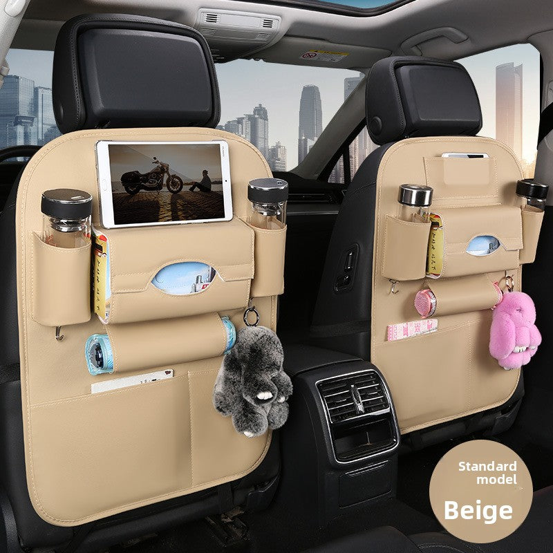 2-PCS Beige PU Leather Car Back Seat Organizer Kick Mat with Touch Screen Tablet Holder Multi-Pocket Travel Storage Bag