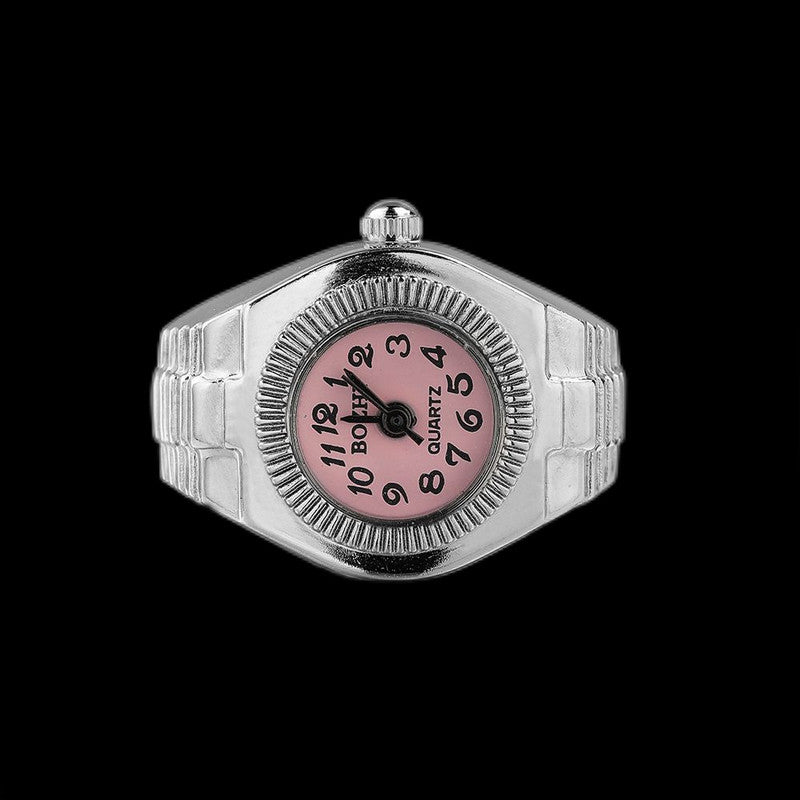 2-PCS Pink Creative Elastic Finger Ring Watch Round Dial Quartz Analog Battery Powered Fashion Jewellery Unisex Mini Watch