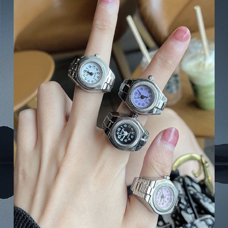 2-PCS Red Creative Elastic Finger Ring Watch Round Dial Quartz Analog Battery Powered Fashion Jewellery Unisex Mini Watch