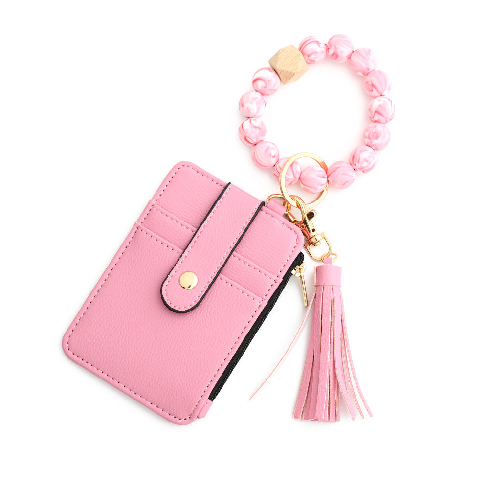 2-PCS Pink Silicone Bead Keychain Bracelet Wallet PU Leather ID Card Holder with Tassel Wristlet Bangle for Women