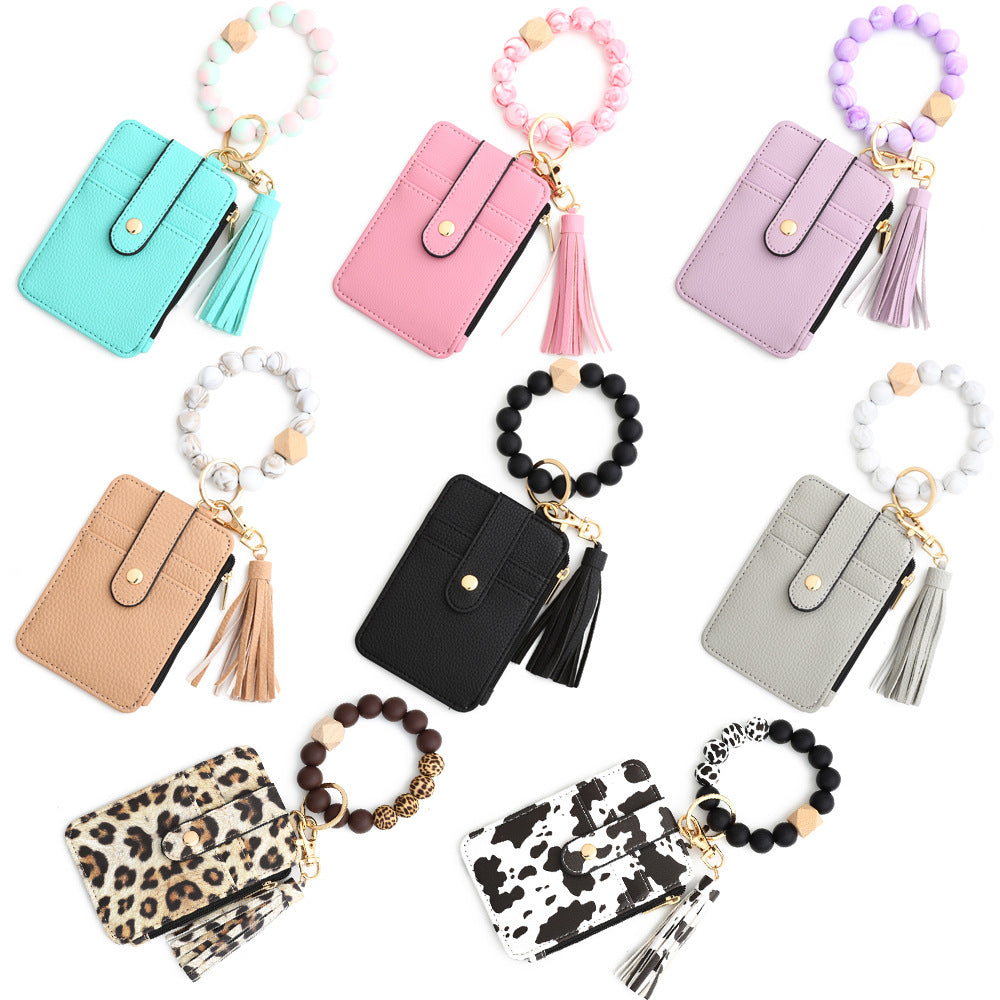 2-PCS Pink Silicone Bead Keychain Bracelet Wallet PU Leather ID Card Holder with Tassel Wristlet Bangle for Women