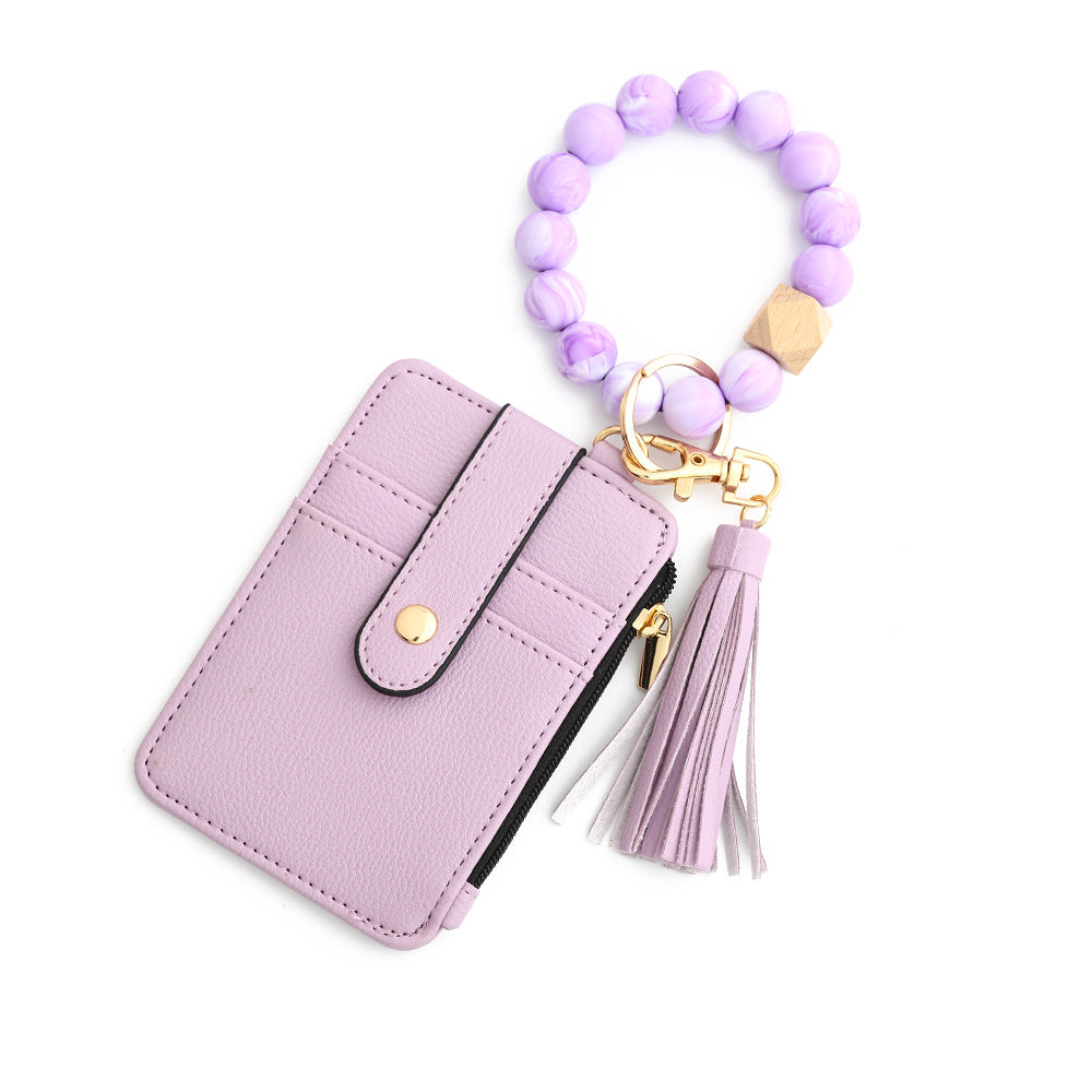 2-PCS Purple Silicone Bead Keychain Bracelet Wallet PU Leather ID Card Holder with Tassel Wristlet Bangle for Women