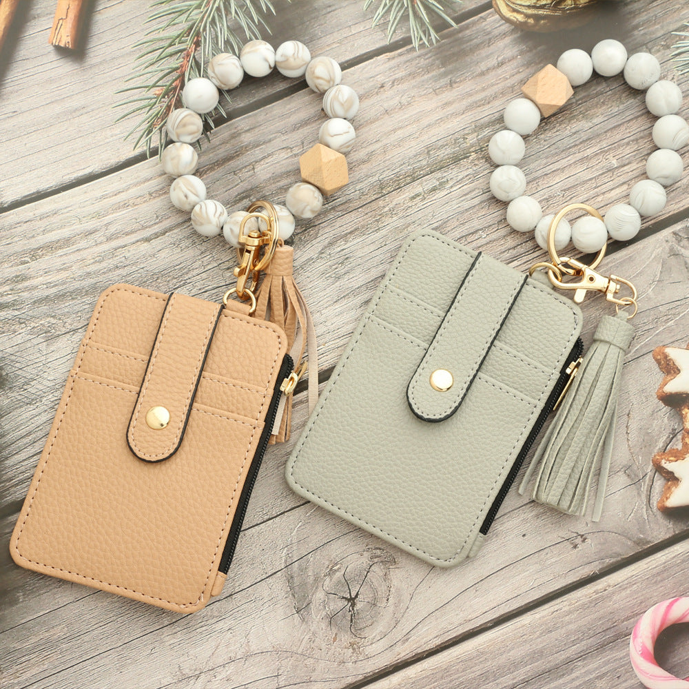 2-PCS Black Silicone Bead Keychain Bracelet Wallet PU Leather ID Card Holder with Tassel Wristlet Bangle for Women