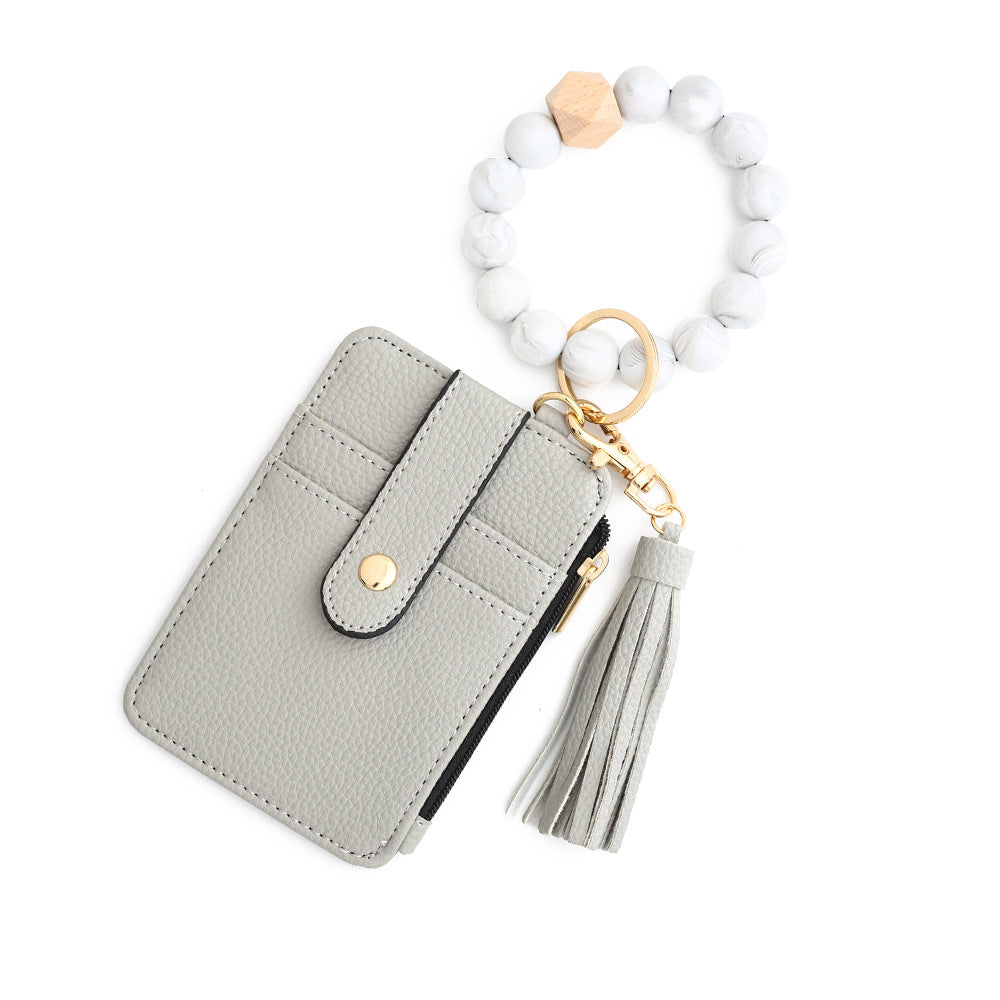 2-PCS Grey Silicone Bead Keychain Bracelet Wallet PU Leather ID Card Holder with Tassel Wristlet Bangle for Women