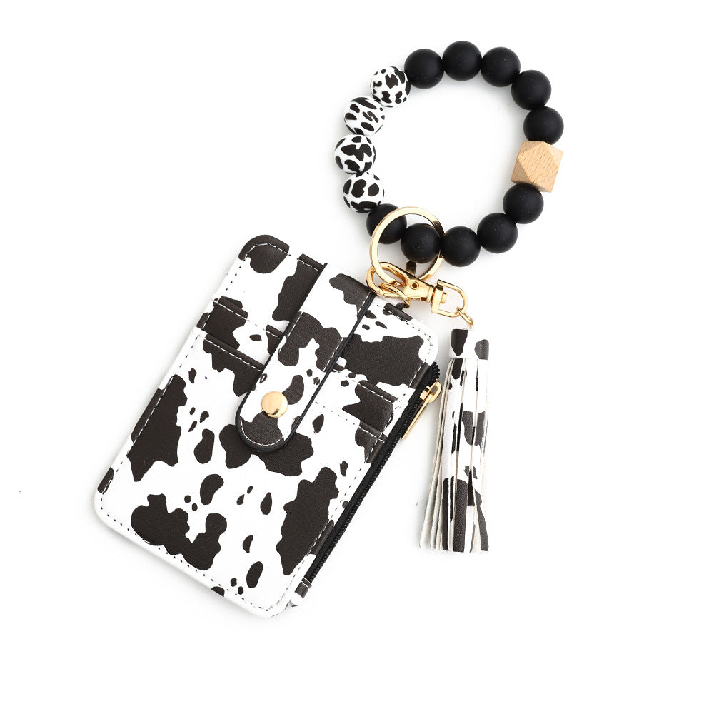 2-PCS Big Cow Silicone Bead Keychain Bracelet Wallet PU Leather ID Card Holder with Tassel Wristlet Bangle for Women