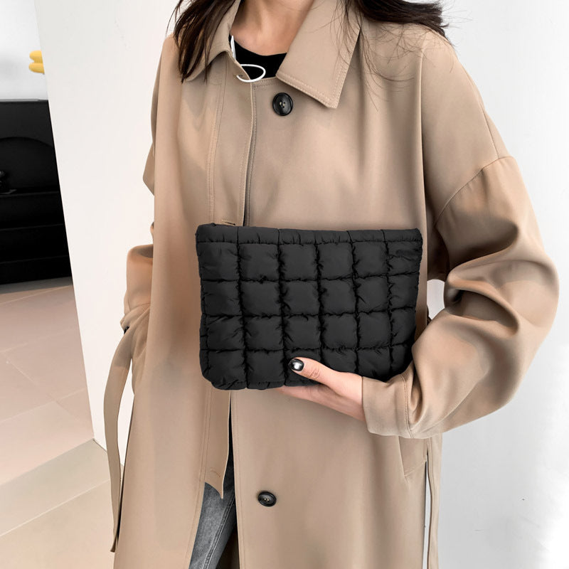 Black Puffer Makeup Bag Quilted Pouch Cosmetic Organizer Bag Soft Nylon Travel Toiletry Bag Zipper Handbag for Women
