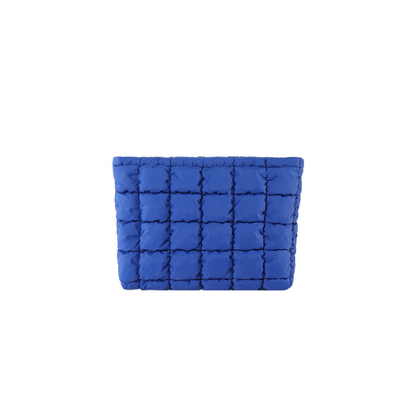 Blue Puffer Makeup Bag Quilted Pouch Cosmetic Organizer Bag Soft Nylon Travel Toiletry Bag Zipper Handbag for Women
