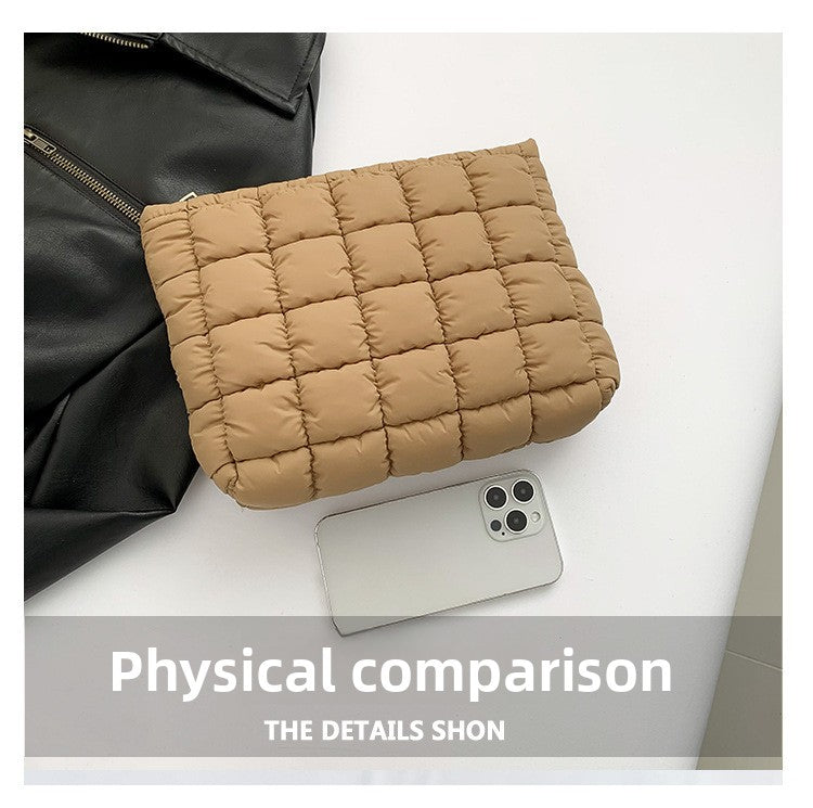 Brown Puffer Makeup Bag Quilted Pouch Cosmetic Organizer Bag Soft Nylon Travel Toiletry Bag Zipper Handbag for Women