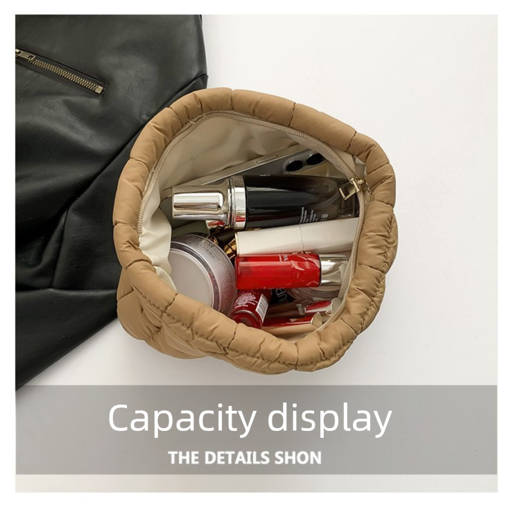 Brown Puffer Makeup Bag Quilted Pouch Cosmetic Organizer Bag Soft Nylon Travel Toiletry Bag Zipper Handbag for Women