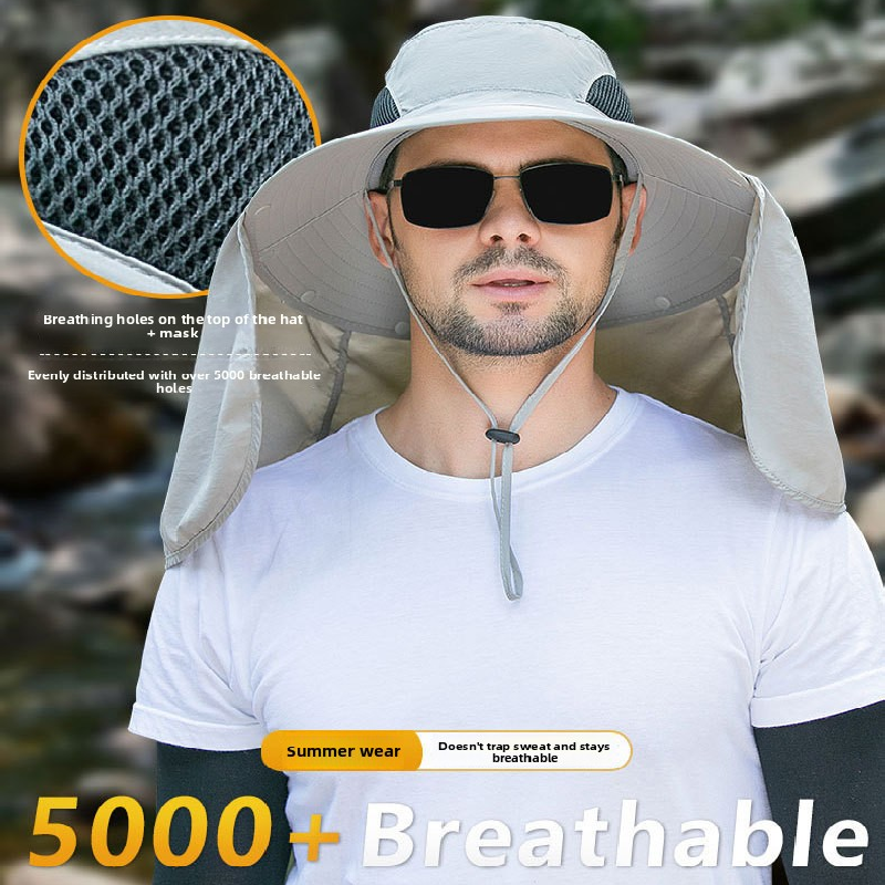 Light grey UPF 50+ Sun Protection Fishing Hat Wide Brim Neck Flap Quick Dry Bucket Hat for Outdoor Hiking and Gardening
