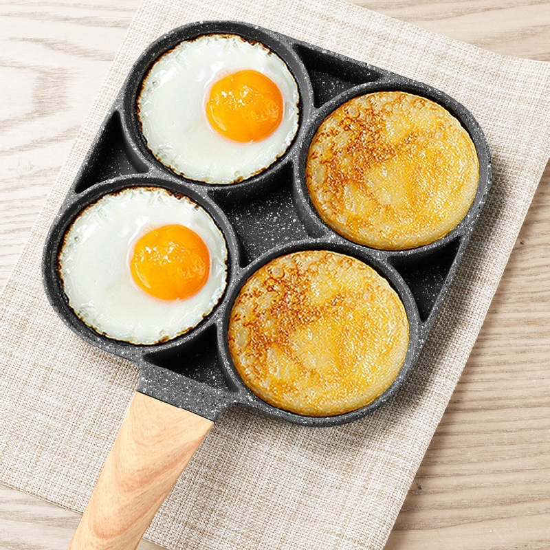 4-Hole Non-Stick Fried Egg Pan with Glass Lid Maifan Stone Coating Breakfast Pancake Maker for Burgers and Omelettes(Wood-coloured cover bead)