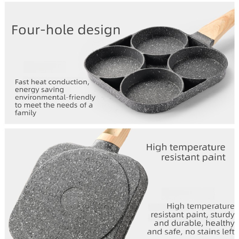 4-Hole Non-Stick Fried Egg Pan with Glass Lid Maifan Stone Coating Breakfast Pancake Maker for Burgers and Omelettes(Wood-coloured cover bead)