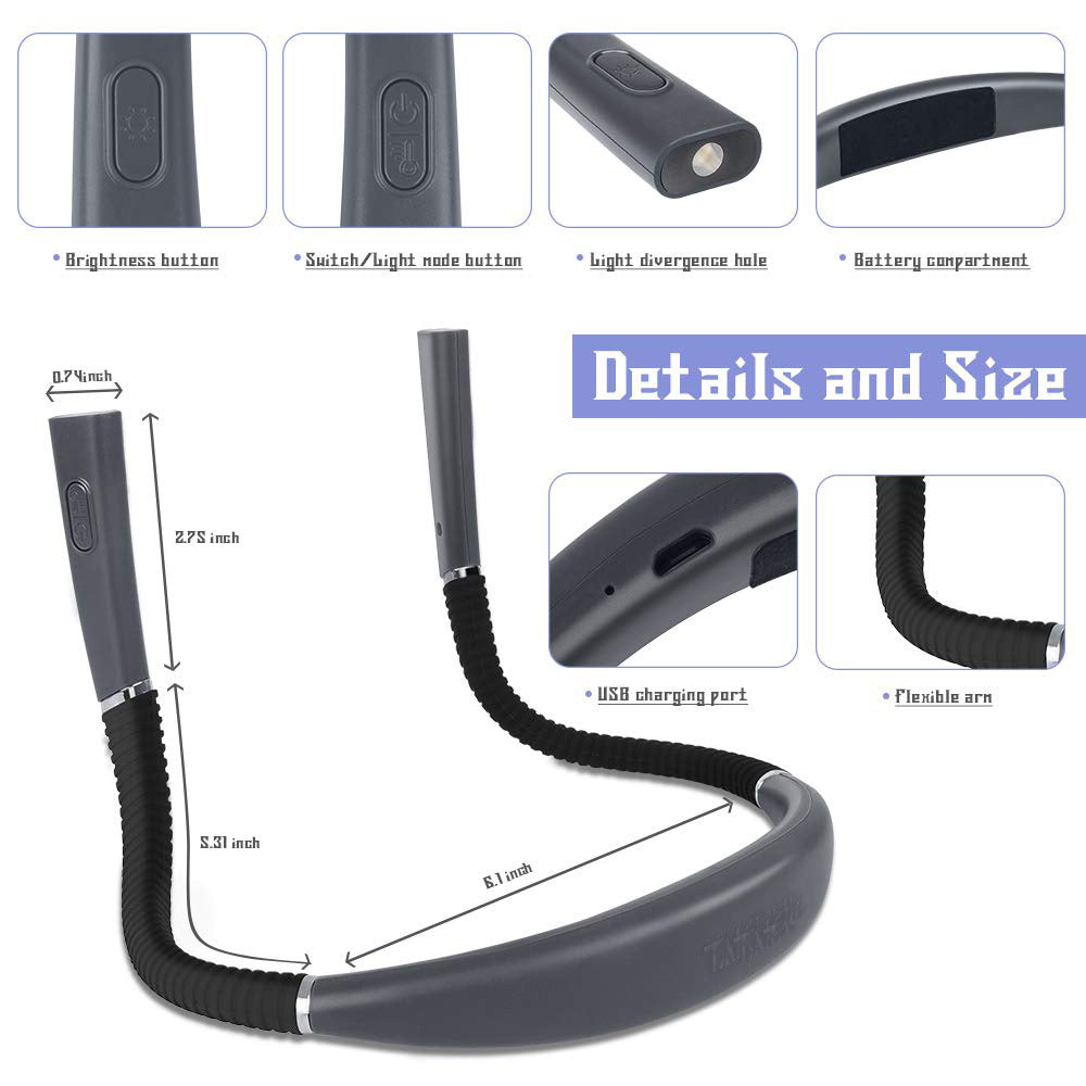 Black Hands-Free USB Rechargeable Neck Reading Light 3 Colour Modes Flexible LED Book Lamp for Night Reading Knitting Repairing