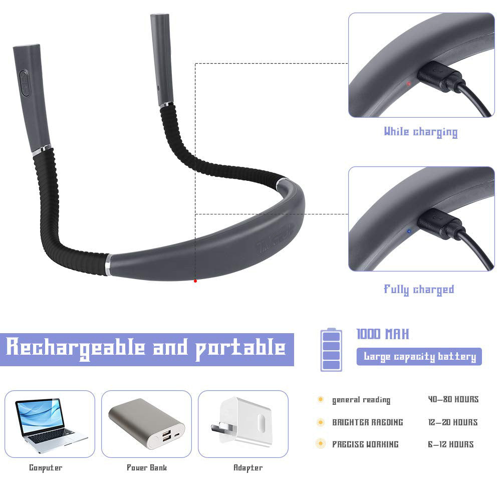 Grey Hands-Free USB Rechargeable Neck Reading Light 3 Colour Modes Flexible LED Book Lamp for Night Reading Knitting Repairing