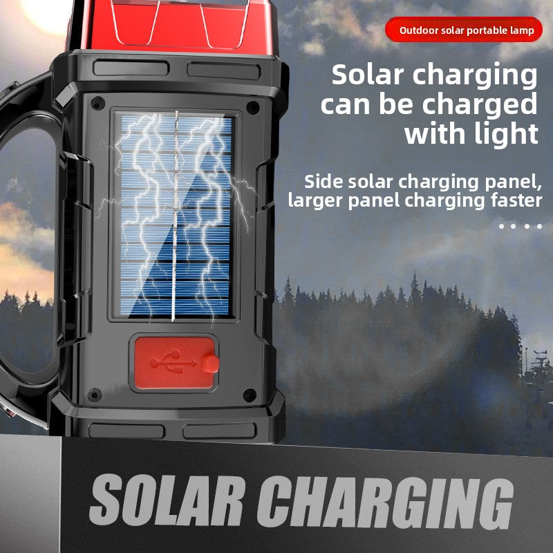 Gold Solar Powered LED Camping Lantern and Flashlight Rechargeable Portable Searchlight with Side Light and USB Power Bank for Outdoor Emergency