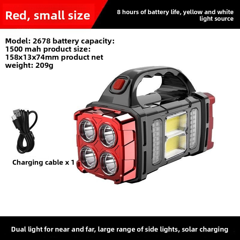 Red Solar Powered LED Camping Lantern and Flashlight Rechargeable Portable Searchlight with Side Light and USB Power Bank for Outdoor Emergency