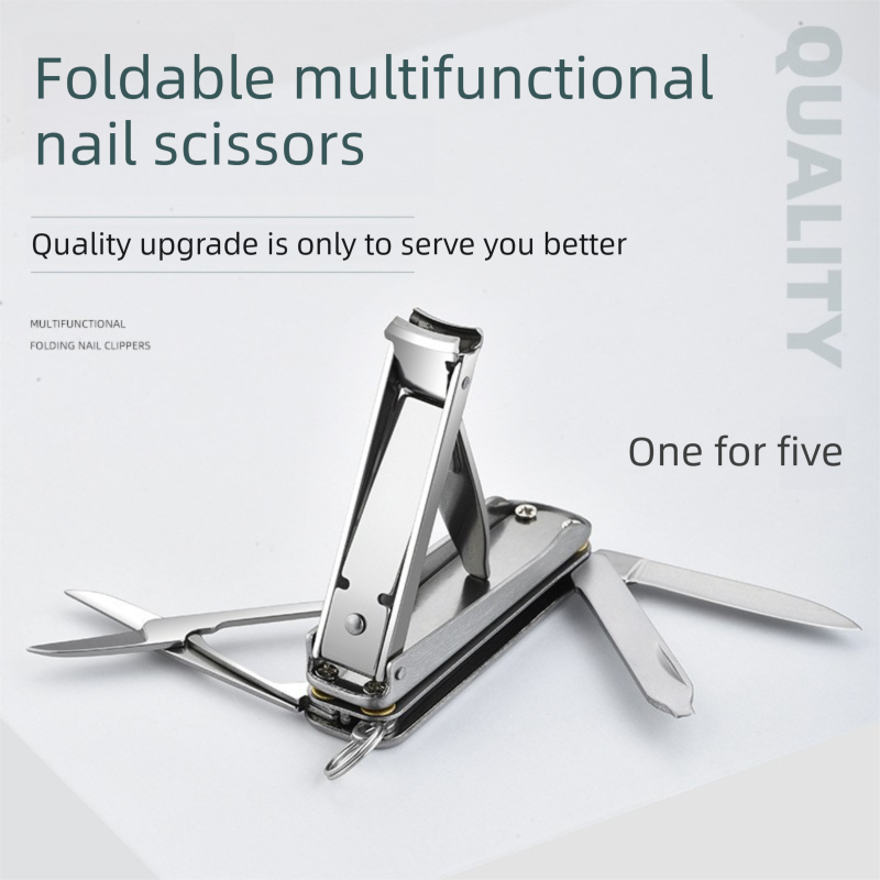 2-PCS Blue 5-in-1 Foldable Stainless Steel Nail Clipper Multitool Keychain with Knife Scissors and File Portable Pocket Manicure Set