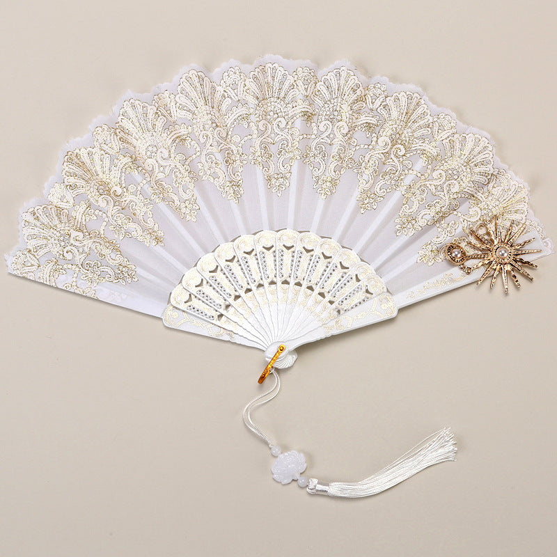 2 Pack White Sunflower with Gold Foil Embossing Vintage Lace Folding Fans Gothic Palace Style with Rose Cross Tassels for Tea Party Cosplay and Photo Props