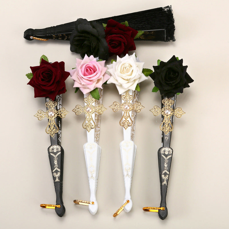 2 Pack Black Sunflower with Gold Foil Stamping Vintage Lace Folding Fans Gothic Palace Style with Rose Cross Tassels for Tea Party Cosplay and Photo Props