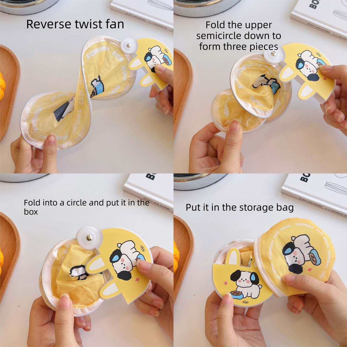 5 Pack Yellow Adventurous Pup Cute Cartoon Folding Hand Fans Portable Mini Circular Fans 20x24cm for Aussie Summer Outdoor Travel with Matching Storage Pouches for Kids and Adults