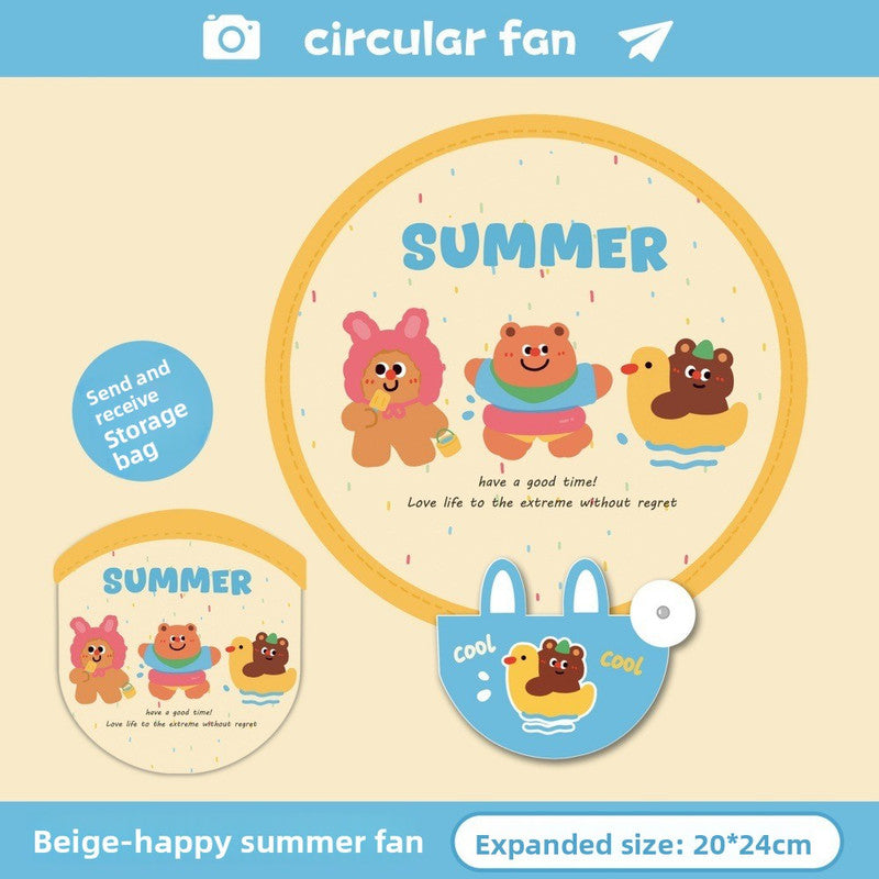 5 Pack Beige Happy Summer Cute Cartoon Folding Hand Fans Portable Mini Circular Fans 20x24cm for Aussie Summer Outdoor Travel with Matching Storage Pouches for Kids and Adults