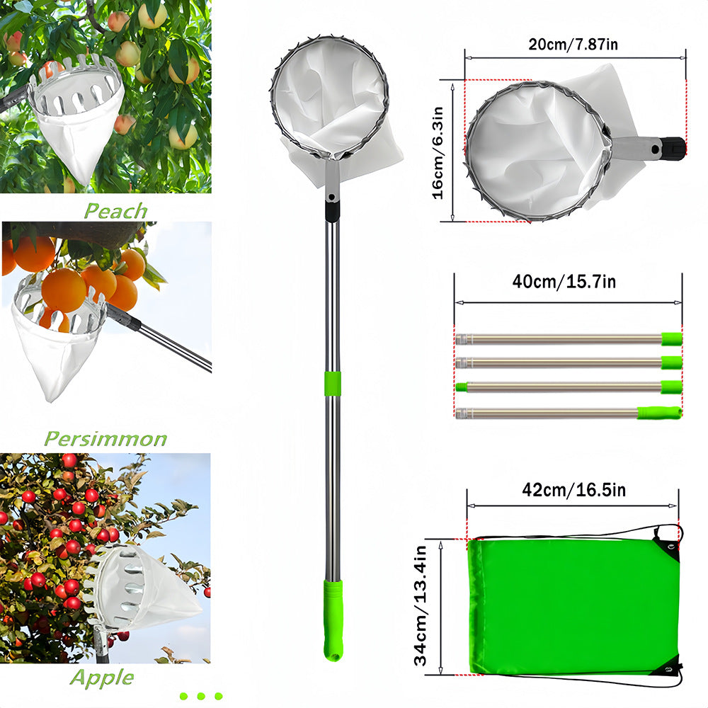 Green Telescopic Fruit Picker Tool with Stainless Steel Extension Pole Carbon Steel Head and Large Bag for Apples Peaches Oranges Australian Home Orchards(2.8m)
